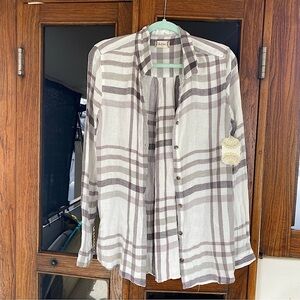 Altar'd State Plaid Button-Up Shirt - Mauve, Grey/Brown and White